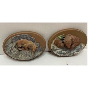 Avon Vintage 80s Wildlife Wall Plaques Set Cougar Bear Resin Wood Cabin Deco 7x5